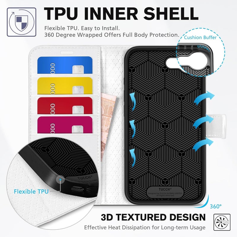 TUCCH Wallet Case for iPhone 16e, [RFID Blocking] 4 Card Holder Kickstand [Shockproof TPU Inner Case] PU Leather Magnetic Closure Protective Cover Compatible with iPhone 16e 6.1" 2025, White - Image 5